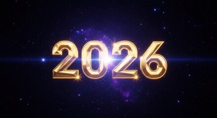Golden 2026 Numbers Floating in Space with Bright Stars and Cosmic Light