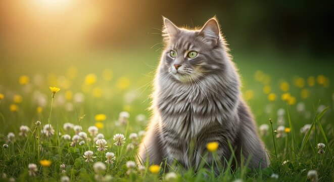 Majestic Fluffy Cat Sitting in a Sunny Meadow