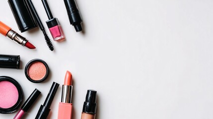 flat lay of beauty and makeup tools in minimal clean composition, white pastel background with copyspace