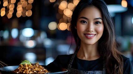 Young Asian woman restaurant server holding appetizing dish with warm bokeh lights creating cozy evening atmosphere for hospitality and dining concepts.