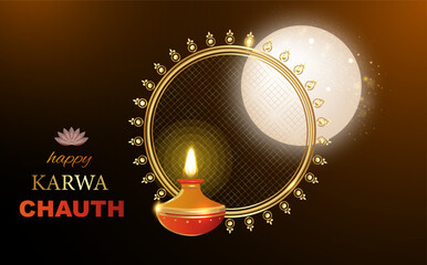 happy karwa chauth Indian festival  with full moon and diya lamp, gold decorative banner, vector illustration card background