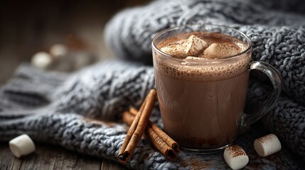 Hot chocolate with cinnamon sticks in clear glass mug, knitted sweater backdrop, marshmallows floating, warm glow