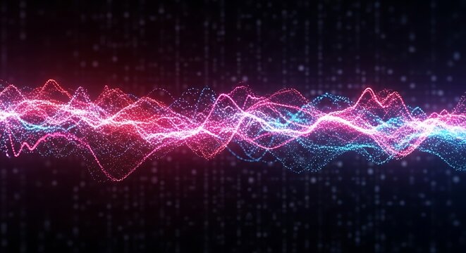 Abstract visualization of a digital sound wave with glowing particles in pink and blue against a dark background with binary code