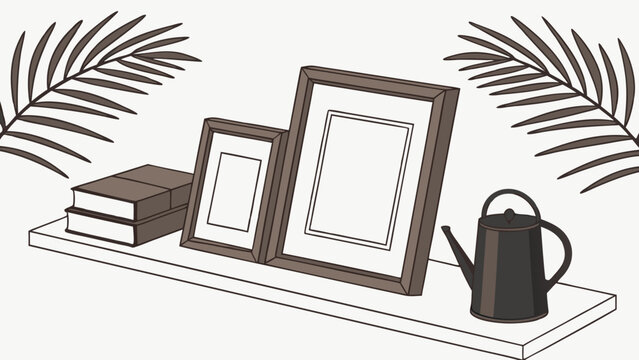 Contemporary Home Decor Empty Picture Frames Books and Kettle on Shelf with Tropical Leaves Illustration.