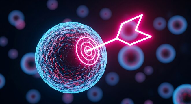 A glowing neon arrow hitting the bullseye of a cell, representing a targeted therapy or scientific breakthrough