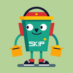 Smiling cartoon green pot character with winter hat and gloves walking