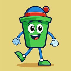 Smiling cartoon green pot character with winter hat and gloves walking