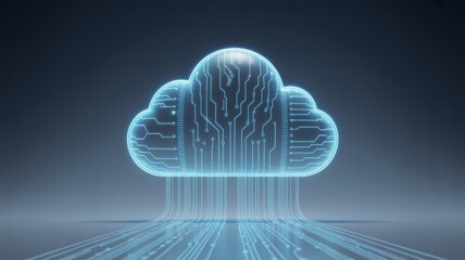Futuristic digital cloud computing symbol illuminating with data streams on a dark abstract background