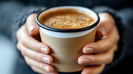 Hands holding warm ceramic cup with fresh cappuccino coffee, creamy foam and cocoa powder on top. Close up view with soft natural lighting and blurred background.