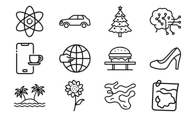 Set of Simple Line Icons – Atom Science Symbol, Car, Christmas Tree, Artificial Intelligence Brain, Mobile with Coffee Cup, Global Handshake, Burger, High Heel Shoe, Palm Trees Beach, Flower, Abstract