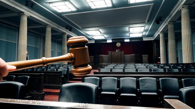 Gavel falling in empty courtroom, justice concept