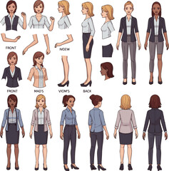 Fototapeta premium Isolated a kinds of deferent Casual business woman character constructor for animation. Front, side and back view set. Body parts, postures, poses collection. vector art with white background.