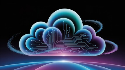 Futuristic digital cloud computing concept with glowing circuits and neon lights on a dark background