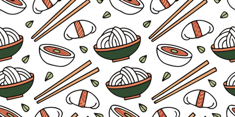 Seamless Hand-Drawn Doodle Asian Food Set Featuring Sushi, Ramen, Dumplings, and Chopsticks on Transparent Background for Culinary Designs