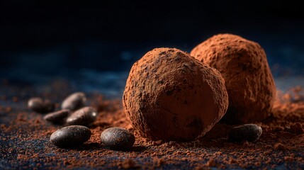 Warm chocolate truffles dusted with cocoa, black velvet background, dramatic spotlight, scattered chocolate chips