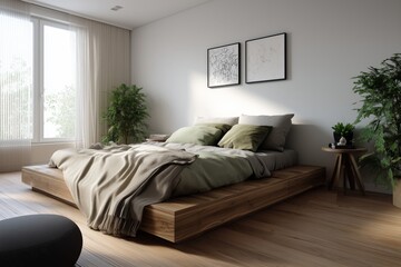 Fototapeta premium Contemporary Scandinavian sleeping area featuring a low-rise bed, minimalist decor, and some indoor plants