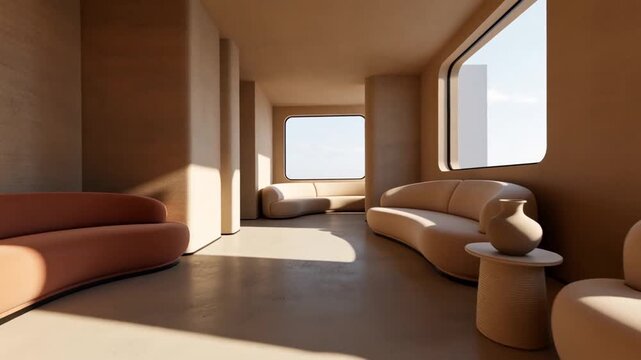 Modern Minimalist Lounge with Curved Sofas and Warm Natural Light
