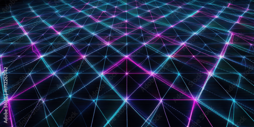 Wall mural neon glowing triangular tessellation grid with blue and purple lines creating futuristic digital net