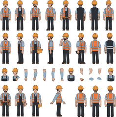 Isolated a kinds of deferent Construction worker, builder in helmet, vest, uniform. Character constructor for animation. Front, side and back view set. Body parts, postures, poses vector art .