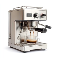 Espresso machine brewing coffee in glass cup for delicious morning beverage at home kitchen counter