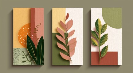 Abstract Botanical Canvas: A captivating composition of three canvases, each adorned with an abstract botanical design.