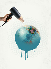 Creative collage. Hairdryer melting globe as metaphor of global warming and climate crisis. Concept...