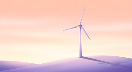 Obraz premium A solitary wind turbine stands atop a gentle hill, casting a long shadow under a pastel sky.