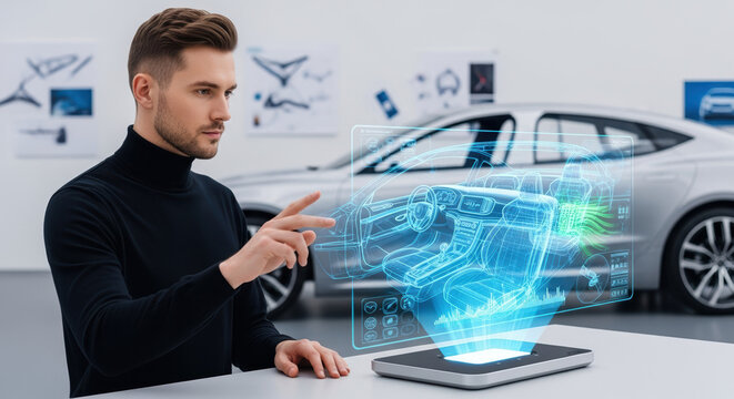 Automotive engineer viewing hologram of engine in bright studio, technology for car design displayed on table. Innovative automotive engineer analyses engine using augmented reality,