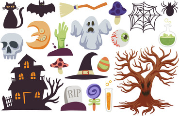 Halloween collections with hand drawn elements, witch, ghost, bat, haunted house, tree, spider, skull. 