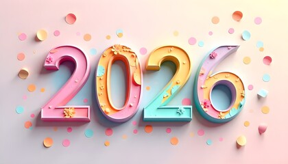 the year 2026 in big, colorful numbers with a pastel background.
It gives a bright, cheerful, and festive vibe for the new year.