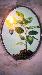 Lightbulb and seedling in oval frame