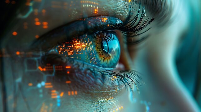 Close up of a human eye reflecting digital futuristic technology circuit board patterns
