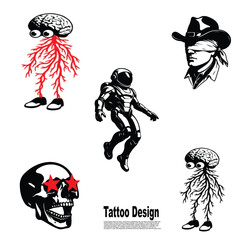 five tattoo designs with various cute themes