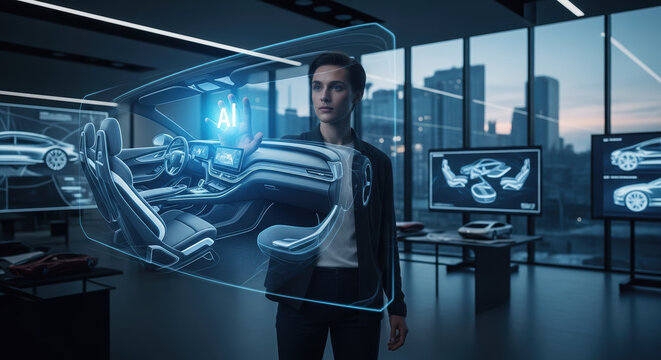 AI design concept showing holographic car, designer standing in futuristic showroom. AI design shows car components in virtual space, offering designer flexibility.