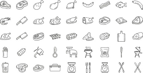  Isolated a kinds of deferent Set of 30 outline icons related to meat. Linear icon collection. Editable stroke. vector art with white background.