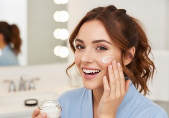 A happy young woman applies anti-aging gel to her face, demonstrating her daily skincare routine with a radiant smile, perfect for a beauty and health ad.