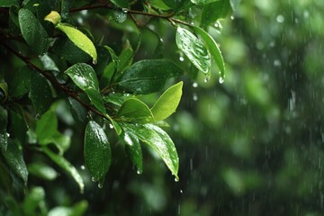 Raindrops cascade from vibrant green leaves during a tranquil rain shower in a lush garden setting