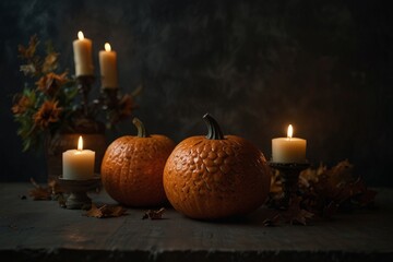 Still life of pumpkins and candles halloween gloomy atmosphere