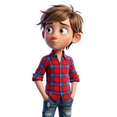 Charming animated boy in plaid shirt and jeans looking thoughtful character design