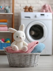 A soft white bunny plush toy sits on top of neatly folded pink and blue towels in a wicker basket. Behind it, a modern washing machine is visible in a tidy laundry room