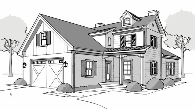 Architectural House Drawing Home Design Sketch Two-Story House Illustration Gray Scale Home Plan Residential Building Blueprint Cottage Style Home Family House Suburban Home New Home Cons.
