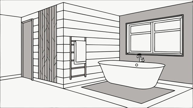 Bathroom interior design modern bathtub wood paneling gray walls towel ladder window minimalist style home renovation interior architecture clean lines simple design contemporary bathr.