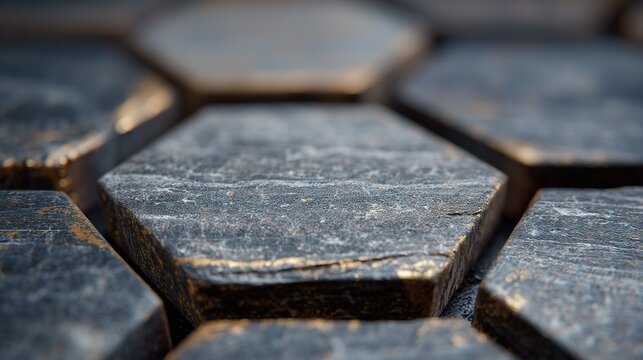 A close-up of black and dark gray hexagon tiles with small golden glazes, showcasing a cinematic texture and moody lighting, combined to create a highly realistic appearance.