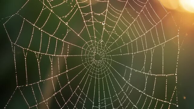 Intricate spider web glistening with dew drops in a serene forest setting during sunrise