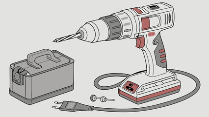Cordless Drill with Battery and Accessories Illustration of Power Tool.