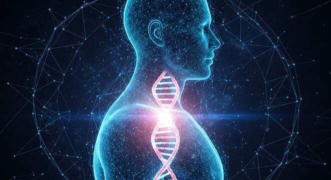 Digital visualization of a human silhouette composed of glowing blue particles, with a dna helix at its core, representing genetic makeup