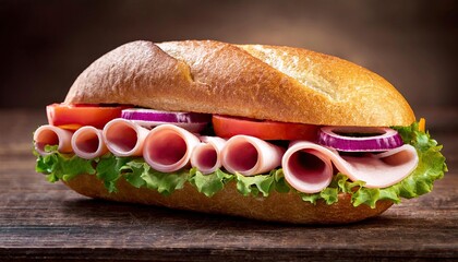Submarine sandwich with ham, cheese, lettuce, tomatoes,onion, mortadella and sausage on wood