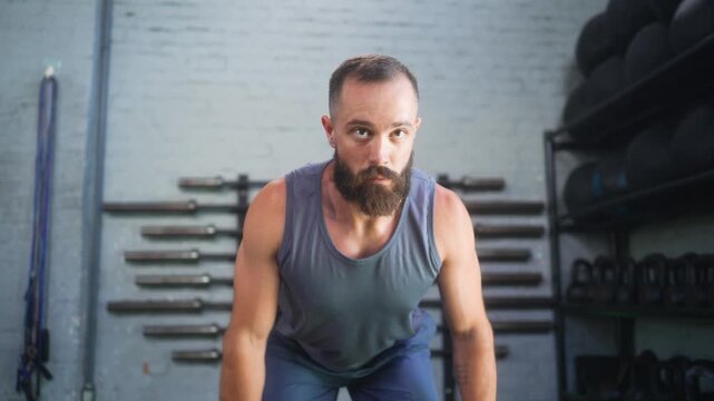 Intense bearded mid adult man performing bent over row exercise with hexagonal dumbbells in industrial style white brick functional training gym with fitness equipment racks