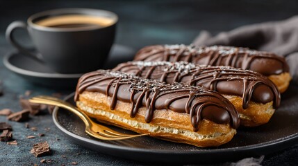 A chocolate eclairs on matte black tray, gold fork beside, dramatic moody lighting