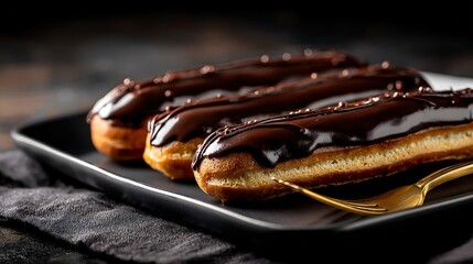 A chocolate eclairs on matte black tray, gold fork beside, dramatic moody lighting